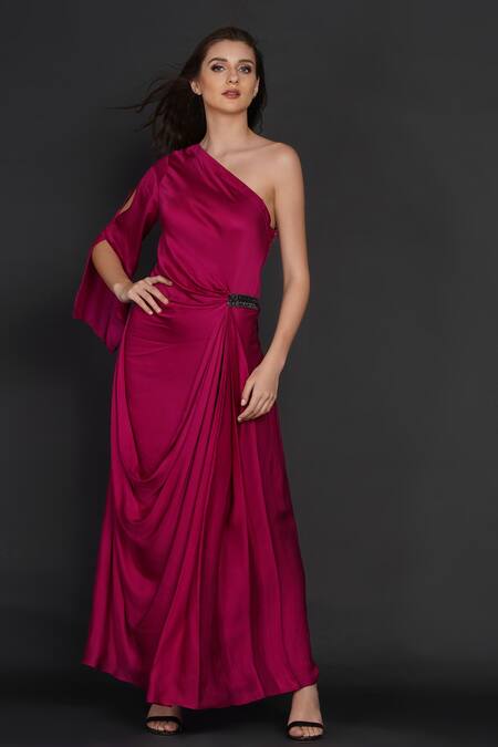 Angry Owl Pink Modal One Shoulder Pleated Gown Online at Aza Fashions Angry Owl_Pink Modal One Shoulder Pleated Gown _Online_at_Aza_Fashions