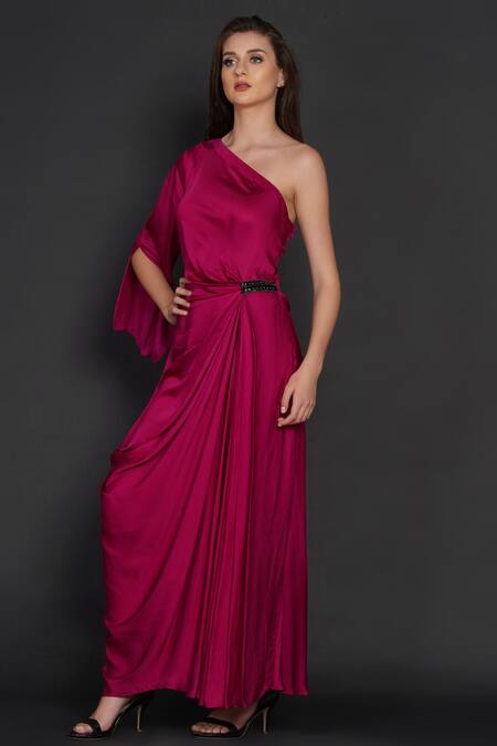Buy_Angry Owl_Pink Modal One Shoulder Pleated Gown _Online_at_Aza_Fashions