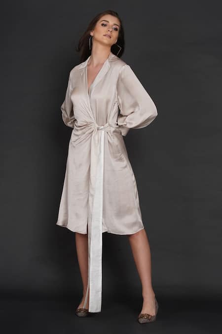 Angry Owl_White Modal Owl Motif Collared Neck Knotted Shirt Dress _Online_at_Aza_Fashions