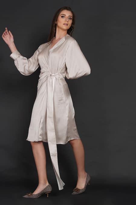 Buy_Angry Owl_White Modal Owl Motif Collared Neck Knotted Shirt Dress _Online_at_Aza_Fashions