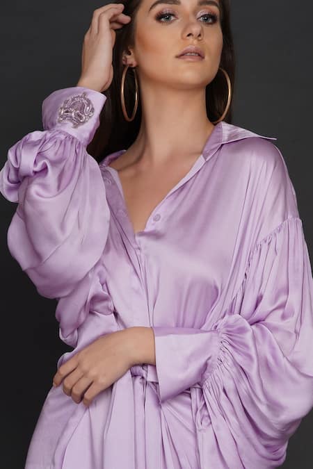 Angry Owl Purple Modal Owl Motif Collared Neck Balloon Sleeve Shirt Dress at Aza Fashions Angry Owl_Purple Modal Owl Motif Collared Neck Balloon Sleeve Shirt Dress _at_Aza_Fashions