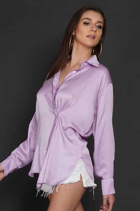 Angry Owl_Purple Modal Owl Motif Collared Neck Side Pleated Shirt _Online_at_Aza_Fashions