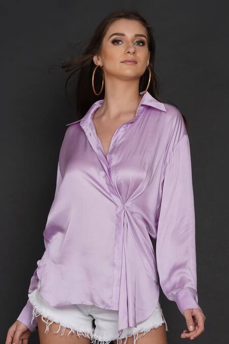 Buy_Angry Owl_Purple Modal Owl Motif Collared Neck Side Pleated Shirt _Online_at_Aza_Fashions