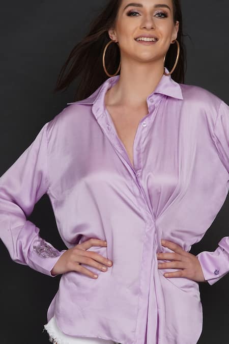 Shop_Angry Owl_Purple Modal Owl Motif Collared Neck Side Pleated Shirt _Online_at_Aza_Fashions