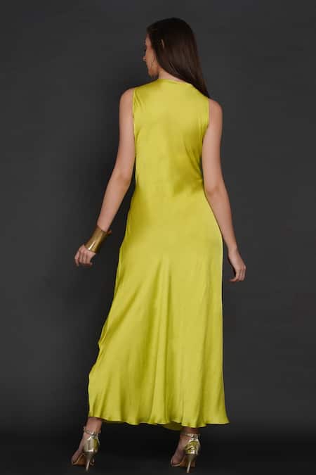 Shop Angry Owl Green Modal Owl Motif V Neck Front Braided Dress at Aza Fashions Shop_Angry Owl_Green Modal Owl Motif V Neck Front Braided Dress _at_Aza_Fashions