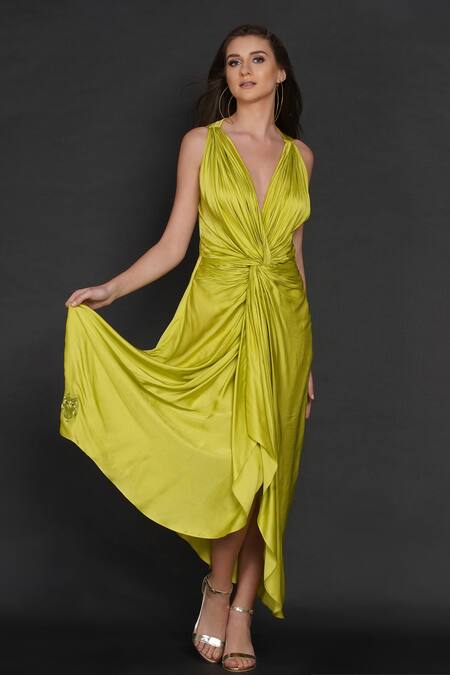 Angry Owl Green Modal Owl Motif V Neck Front Braided Dress Online at Aza Fashions Angry Owl_Green Modal Owl Motif V Neck Front Braided Dress _Online_at_Aza_Fashions