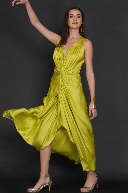 Buy Angry Owl Green Modal Owl Motif V Neck Front Braided Dress Online at Aza Fashions Buy_Angry Owl_Green Modal Owl Motif V Neck Front Braided Dress _Online_at_Aza_Fashions