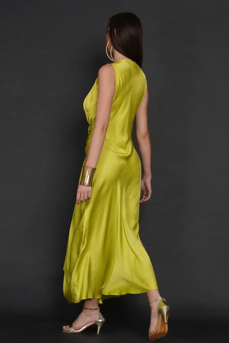 Angry Owl Green Modal Owl Motif V Neck Front Braided Dress at Aza Fashions Angry Owl_Green Modal Owl Motif V Neck Front Braided Dress _at_Aza_Fashions