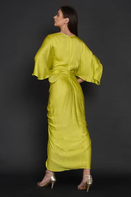 Shop Angry Owl Green Modal Owl Motif V Neck Batwing Sleeve Pleated Dress at Aza Fashions Shop_Angry Owl_Green Modal Owl Motif V Neck Batwing Sleeve Pleated Dress _at_Aza_Fashions