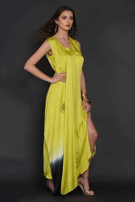 Angry Owl_Green Modal Owl Motif V Neck Pleated Draped Dress _Online_at_Aza_Fashions