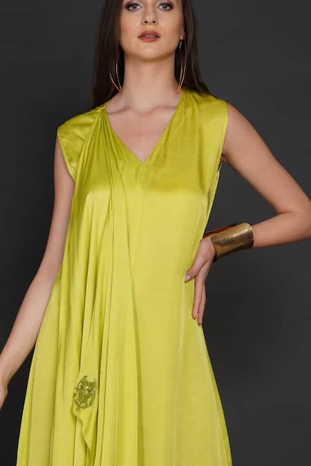 Shop_Angry Owl_Green Modal Owl Motif V Neck Pleated Draped Dress _Online_at_Aza_Fashions