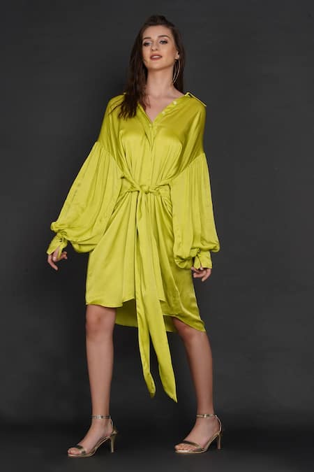 Angry Owl Green Modal Owl Motif Collared Neck Front Tie-up Shirt Dress 
