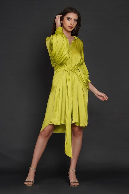 Buy Angry Owl Green Modal Owl Motif Collared Neck Front Tie-up Shirt Dress Online at Aza Fashions Buy_Angry Owl_Green Modal Owl Motif Collared Neck Front Tie-up Shirt Dress _Online_at_Aza_Fashions