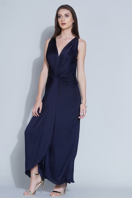 Angry Owl_Blue Modal Owl Motif V Neck Front Braided Dress _Online_at_Aza_Fashions