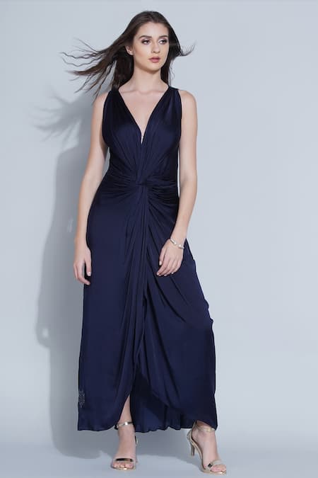 Buy_Angry Owl_Blue Modal Owl Motif V Neck Front Braided Dress _Online_at_Aza_Fashions