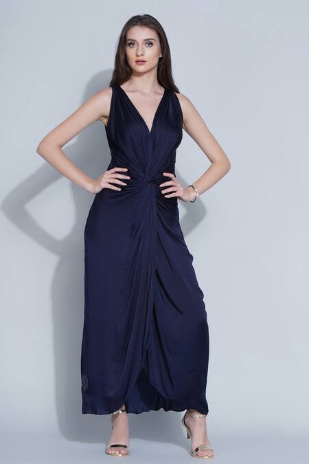 Shop_Angry Owl_Blue Modal Owl Motif V Neck Front Braided Dress _Online_at_Aza_Fashions