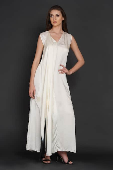 Angry Owl - White Modal Embellished Owl Motif V Neck Pleated Draped Dress  For Women