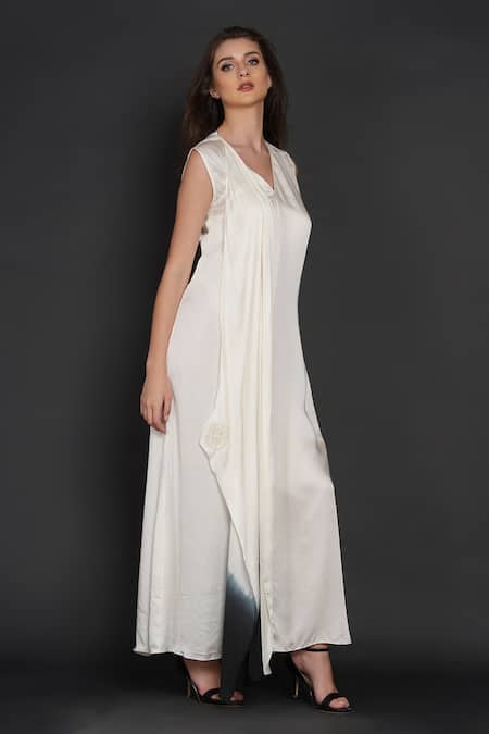 Angry Owl_White Modal Owl Motif V Neck Pleated Draped Dress _Online_at_Aza_Fashions