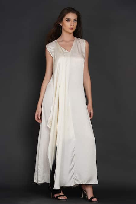 Buy_Angry Owl_White Modal Owl Motif V Neck Pleated Draped Dress _Online_at_Aza_Fashions