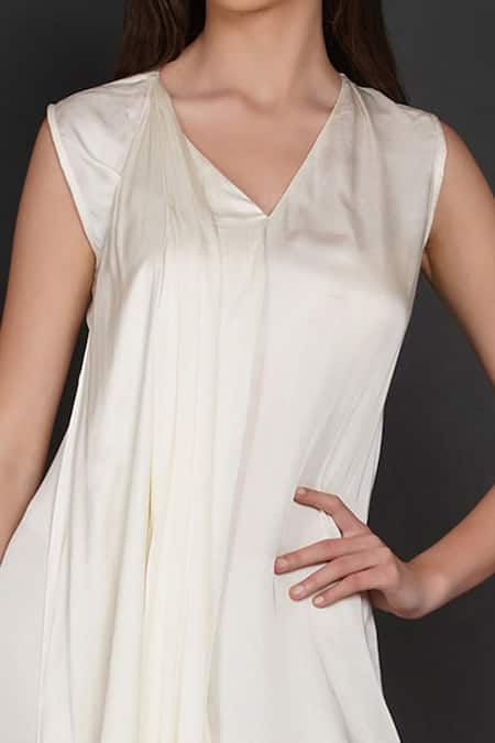 Angry Owl_White Modal Owl Motif V Neck Pleated Draped Dress _at_Aza_Fashions