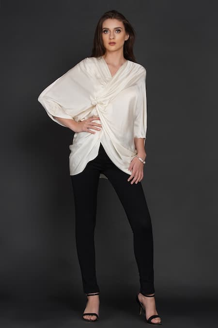 Angry Owl_White Modal Owl Motif V Neck Knotted Asymmetric Blouse  _Online_at_Aza_Fashions