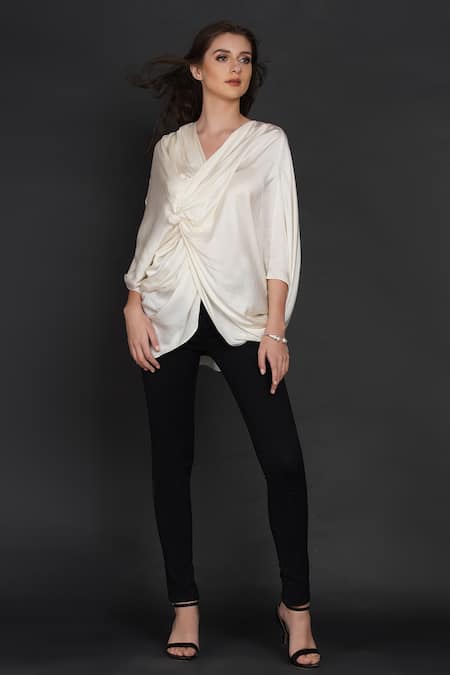 Buy_Angry Owl_White Modal Owl Motif V Neck Knotted Asymmetric Blouse  _Online_at_Aza_Fashions