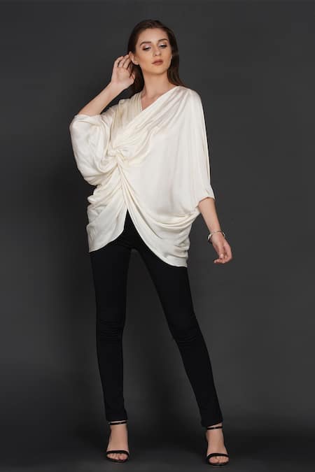Shop Angry Owl White Modal Owl Motif V Neck Knotted Asymmetric Blouse Online at Aza Fashions Shop_Angry Owl_White Modal Owl Motif V Neck Knotted Asymmetric Blouse _Online_at_Aza_Fashions