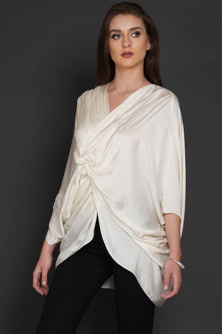 Angry Owl White Modal Owl Motif V Neck Knotted Asymmetric Blouse at Aza Fashions Angry Owl_White Modal Owl Motif V Neck Knotted Asymmetric Blouse _at_Aza_Fashions