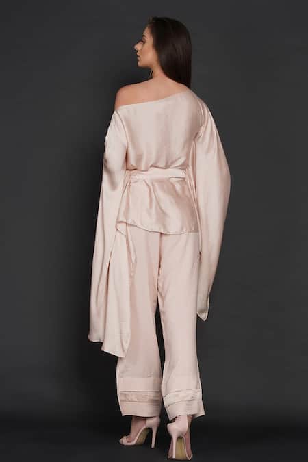 Shop Angry Owl Pink Modal Owl Motif One Shoulder Flared Sleeve Top And Pant Set at Aza Fashions Shop_Angry Owl_Pink Modal Owl Motif One Shoulder Flared Sleeve Top And Pant Set _at_Aza_Fashions