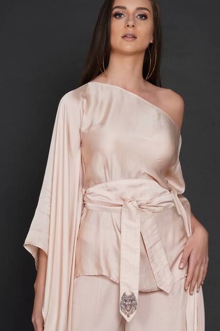 Angry Owl Pink Modal Owl Motif One Shoulder Flared Sleeve Top And Pant Set at Aza Fashions Angry Owl_Pink Modal Owl Motif One Shoulder Flared Sleeve Top And Pant Set _at_Aza_Fashions