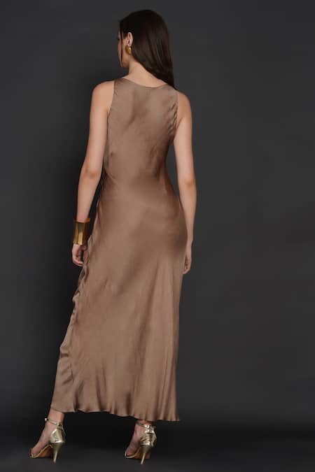 Shop_Angry Owl_Beige Modal Owl Motif Halter Neck Front Braided Dress _at_Aza_Fashions