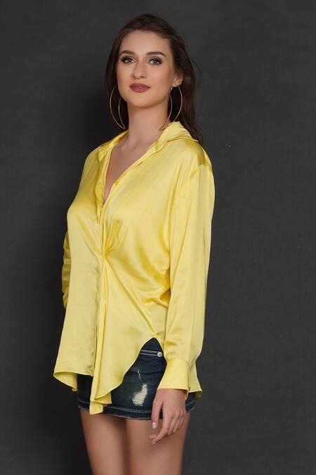 Angry Owl_Yellow Modal Owl Motif Collared Neck Side Pleated Shirt _Online_at_Aza_Fashions