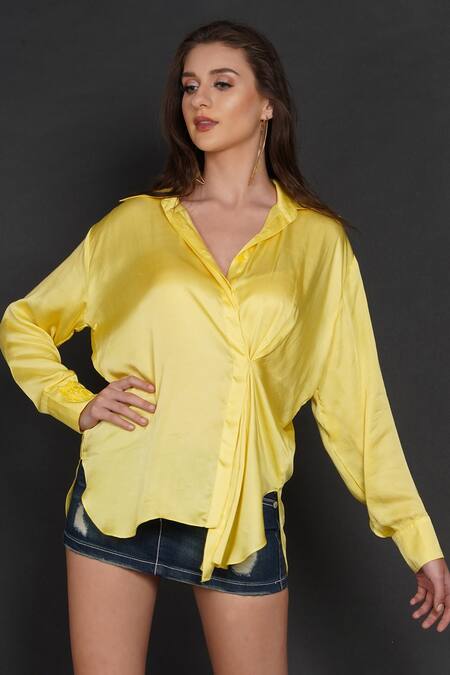 Buy_Angry Owl_Yellow Modal Owl Motif Collared Neck Side Pleated Shirt _Online_at_Aza_Fashions