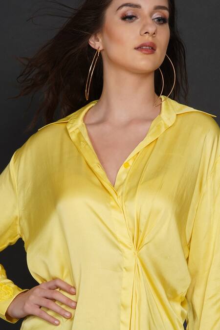 Shop_Angry Owl_Yellow Modal Owl Motif Collared Neck Side Pleated Shirt _Online_at_Aza_Fashions