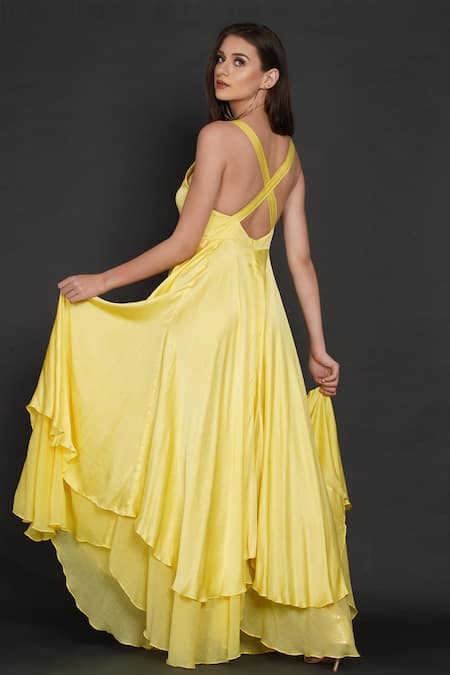 Angry Owl_Yellow Modal Owl Motif Round Layered Flared Gown _Online_at_Aza_Fashions