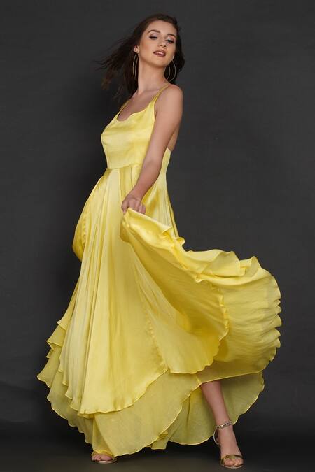 Buy_Angry Owl_Yellow Modal Owl Motif Round Layered Flared Gown _Online_at_Aza_Fashions
