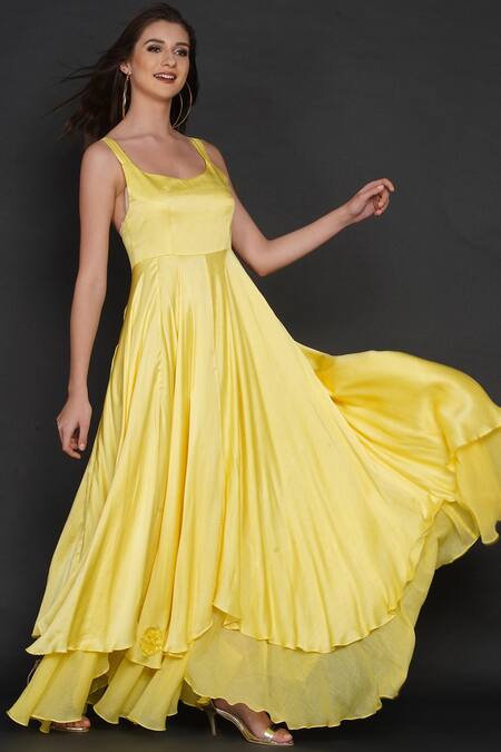 Shop_Angry Owl_Yellow Modal Owl Motif Round Layered Flared Gown _Online_at_Aza_Fashions