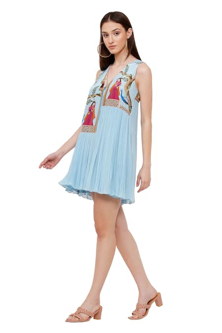 Limerick By Abirr N' Nanki_Blue Crepe, Georgette Mughal Figurine V Neck Apolline Printed Pleated Dress _Online_at_Aza_Fashions