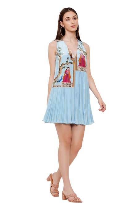 Buy_Limerick By Abirr N' Nanki_Blue Crepe, Georgette Mughal Figurine V Neck Apolline Printed Pleated Dress _Online_at_Aza_Fashions