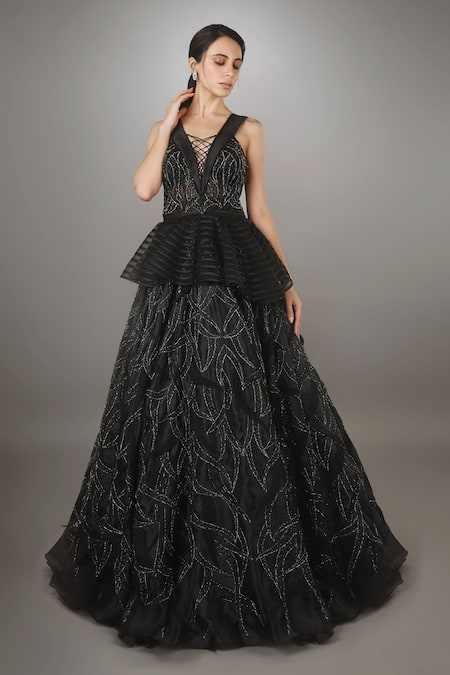 Anjum Qureshi Black Organza, Net Geometric Criss Cross Embroidered Gown 