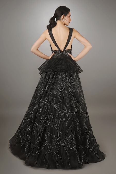Shop Anjum Qureshi Black Organza, Net Geometric Criss Cross Embroidered Gown at Aza Fashions Shop_Anjum Qureshi_Black Organza, Net Geometric Criss Cross Embroidered Gown _at_Aza_Fashions