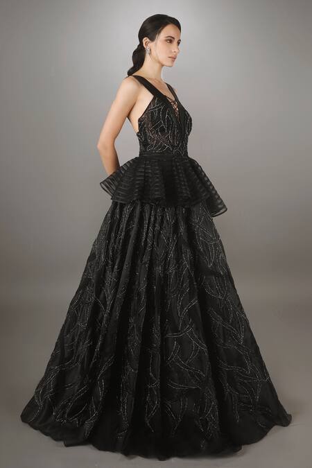 Anjum Qureshi Black Organza, Net Geometric Criss Cross Embroidered Gown Online at Aza Fashions Anjum Qureshi_Black Organza, Net Geometric Criss Cross Embroidered Gown _Online_at_Aza_Fashions