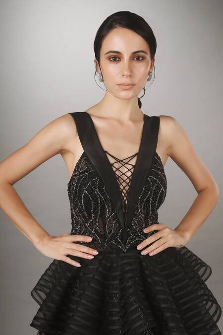 Buy Anjum Qureshi Black Organza, Net Geometric Criss Cross Embroidered Gown Online at Aza Fashions Buy_Anjum Qureshi_Black Organza, Net Geometric Criss Cross Embroidered Gown _Online_at_Aza_Fashions