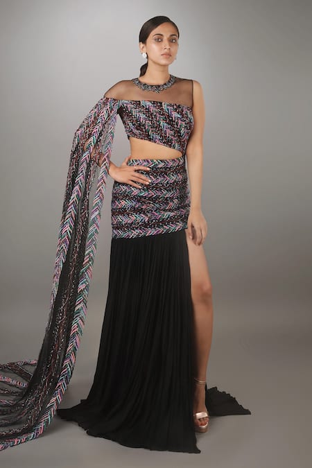 Anjum Qureshi Black Net, Georgette Leaf Round Embroidered Gown 