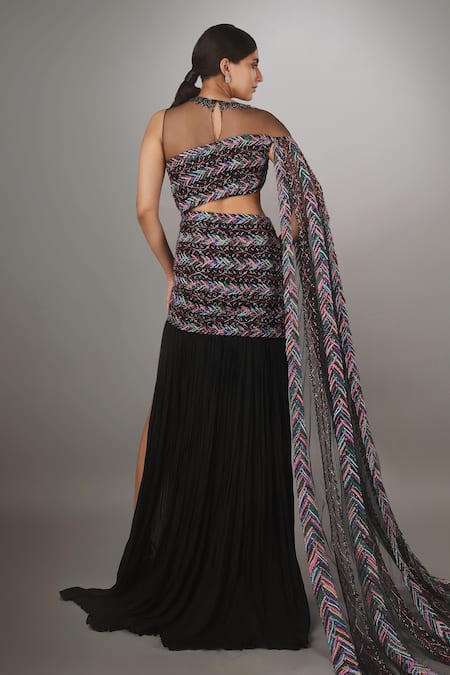 Shop Anjum Qureshi Black Net, Georgette Leaf Round Embroidered Gown at Aza Fashions Shop_Anjum Qureshi_Black Net, Georgette Leaf Round Embroidered Gown _at_Aza_Fashions