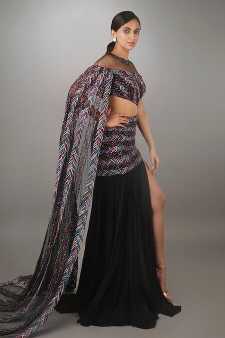 Anjum Qureshi Black Net, Georgette Leaf Round Embroidered Gown Online at Aza Fashions Anjum Qureshi_Black Net, Georgette Leaf Round Embroidered Gown _Online_at_Aza_Fashions