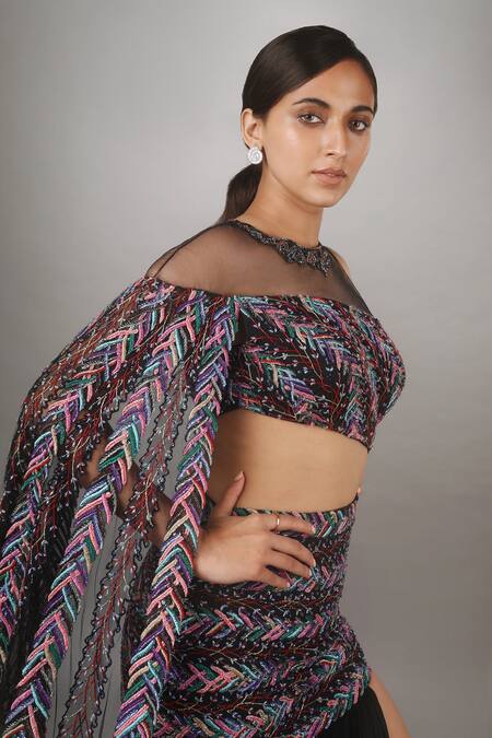 Buy Anjum Qureshi Black Net, Georgette Leaf Round Embroidered Gown Online at Aza Fashions Buy_Anjum Qureshi_Black Net, Georgette Leaf Round Embroidered Gown _Online_at_Aza_Fashions