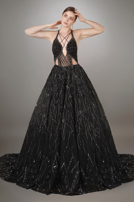 Simple Black Satin Prom Dresses V Neck Spaghetti Straps Long Evening G –  MyChicDress