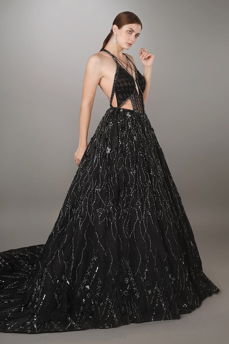 Anjum Qureshi Black Silk, Textured Abstract Criss Cross Embroidered Gown Online at Aza Fashions Anjum Qureshi_Black Silk, Textured Abstract Criss Cross Embroidered Gown _Online_at_Aza_Fashions
