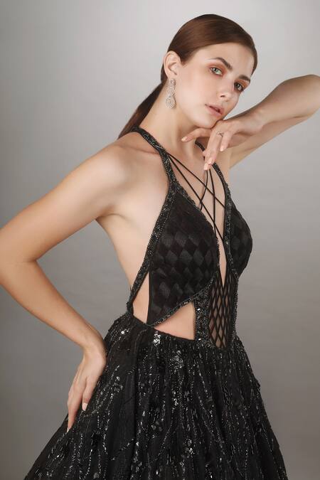 Buy Anjum Qureshi Black Silk, Textured Abstract Criss Cross Embroidered Gown Online at Aza Fashions Buy_Anjum Qureshi_Black Silk, Textured Abstract Criss Cross Embroidered Gown _Online_at_Aza_Fashions
